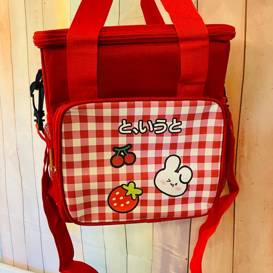 Kawaii Japanese Inspired Red Plaid Strawberry Lunch Bag