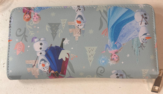 Disney Frozen Elsa Anna Olaf Zip Around Long Wallet Light Blue Character Print