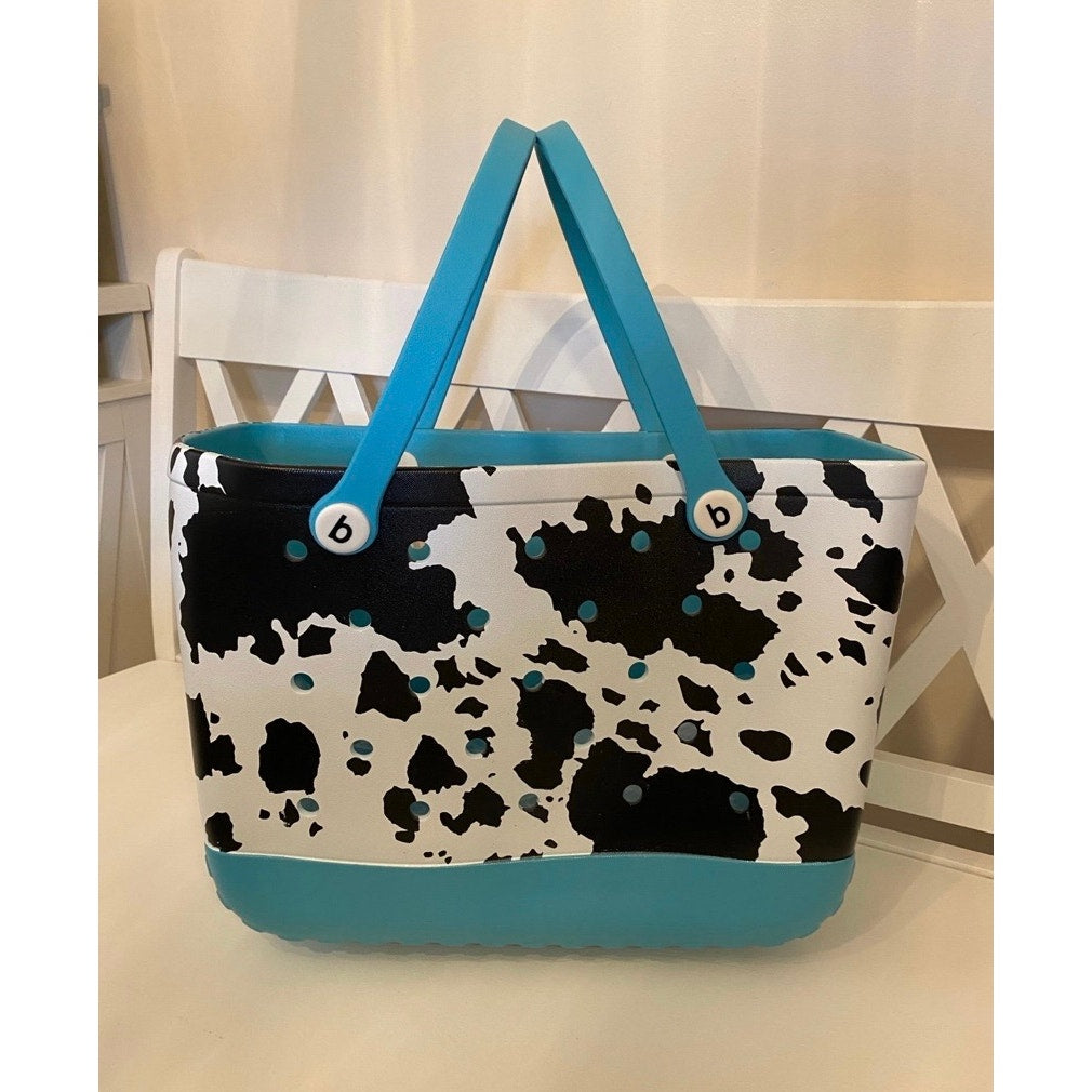 Extra Large Turquoise Cow Print Beach Bag Jibbitz Charm Tote