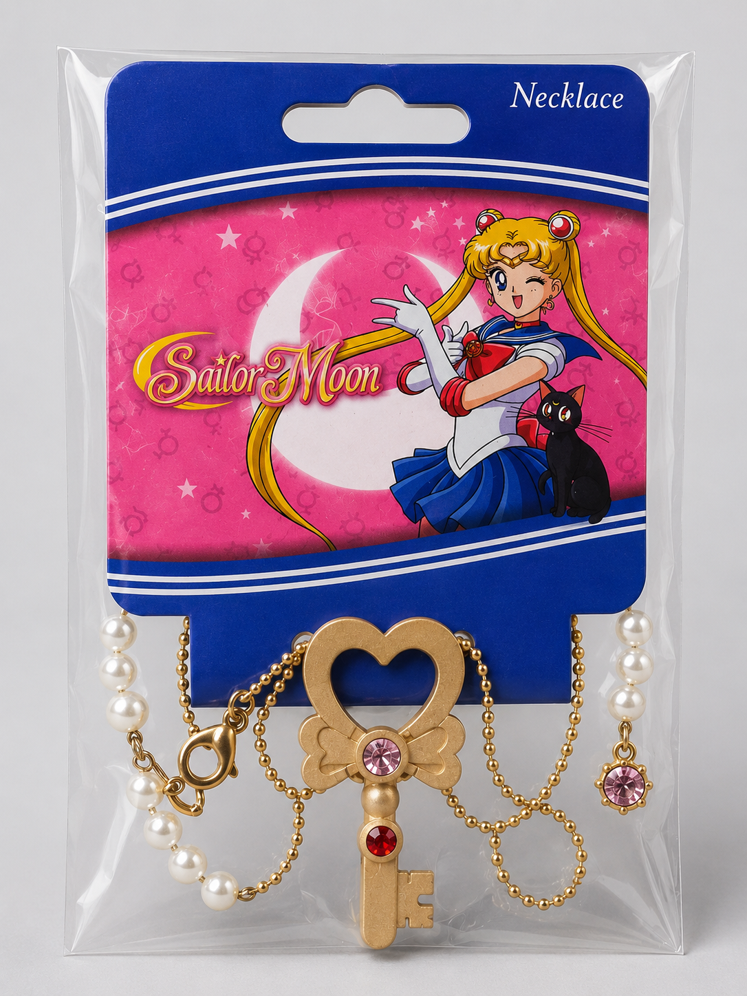 Sailor Moon Gold Key Necklace with Pearl & Gem Accents