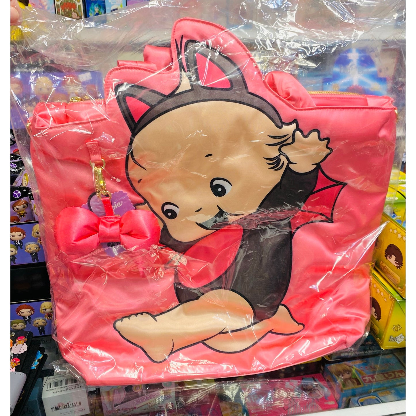 GIANT Silky Kewpie Black Bat Puffy Shoulder Bag w/ Charm