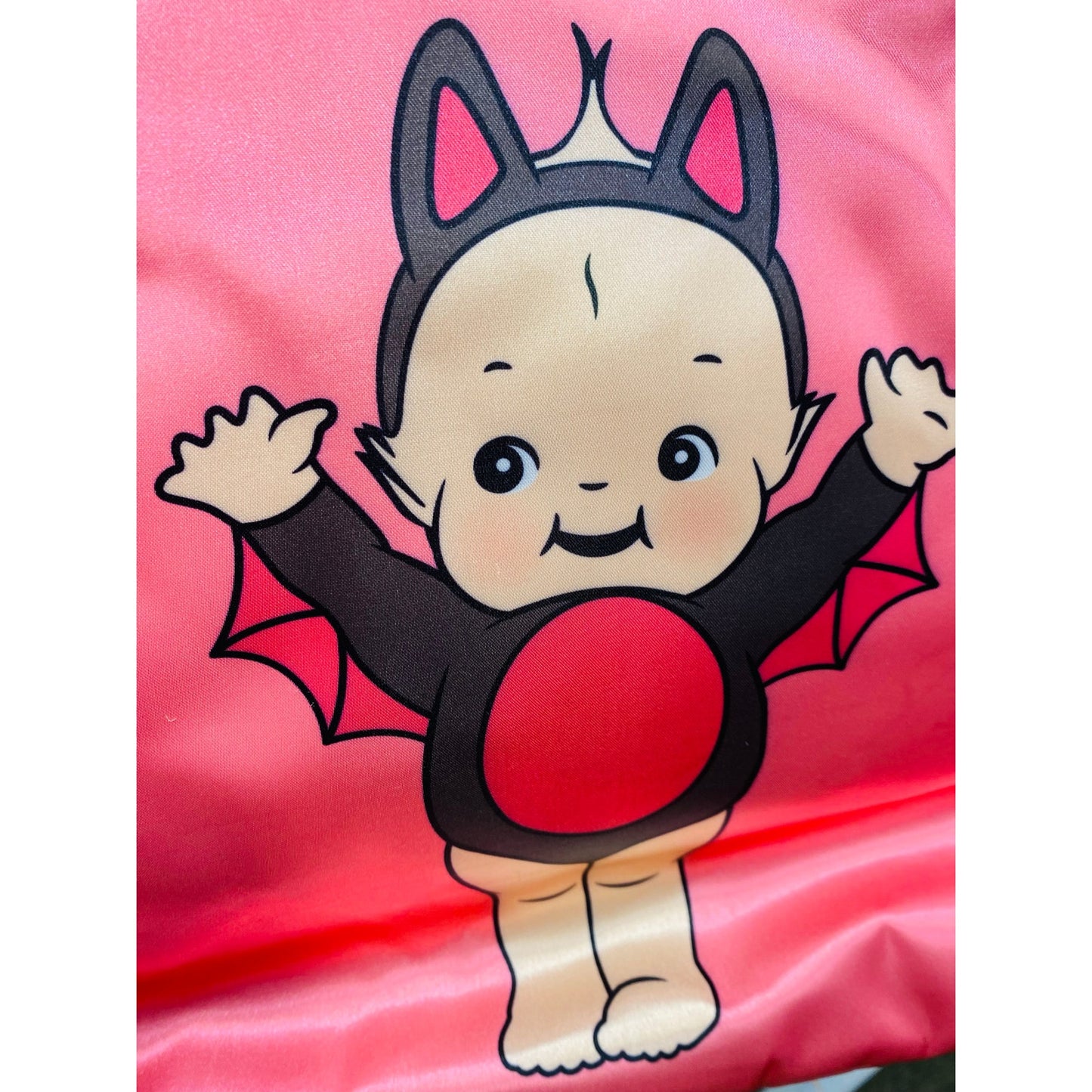 GIANT Silky Kewpie Black Bat Puffy Shoulder Bag w/ Charm