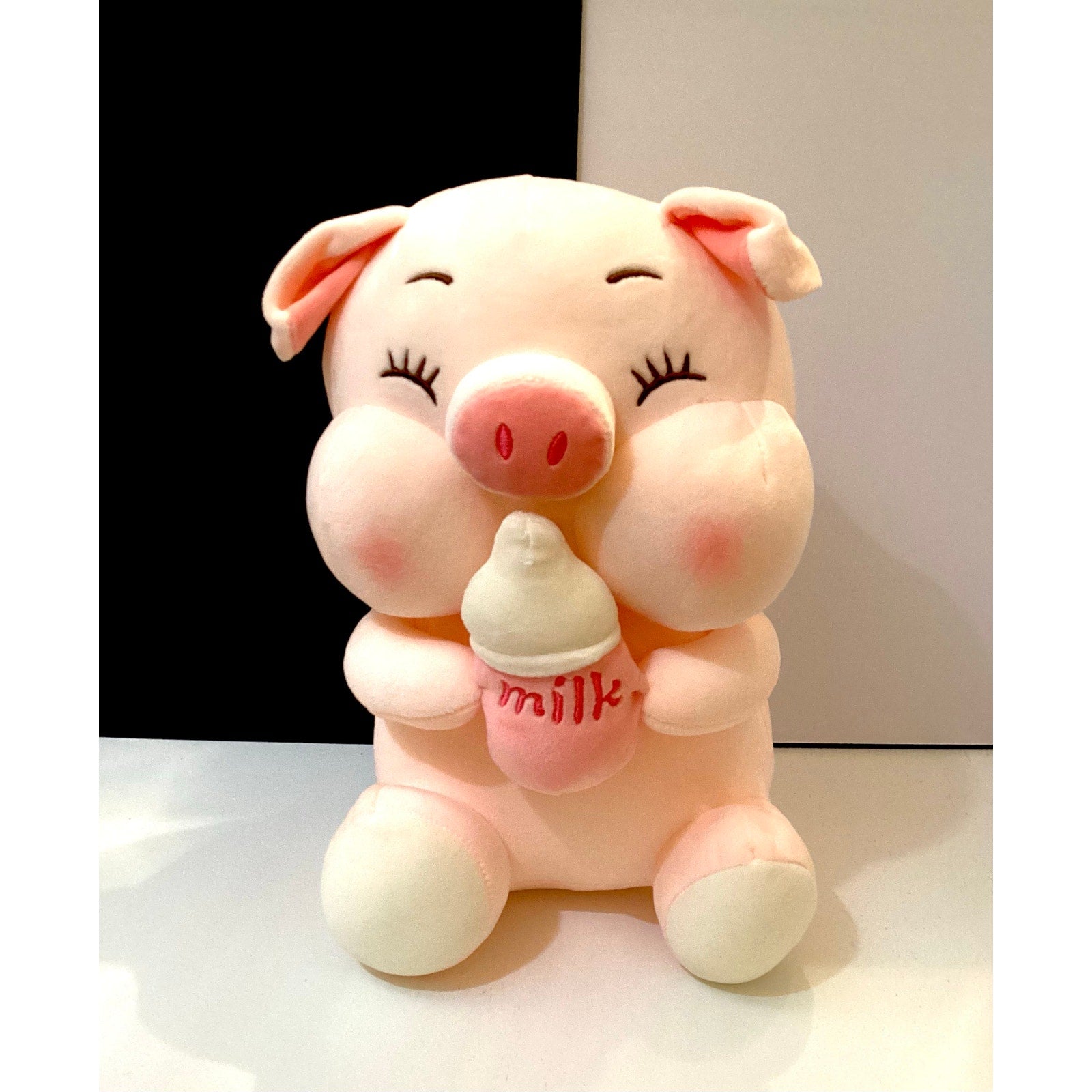 Large Soft and Cuddly Kawaii Squinting Piglet & Milk