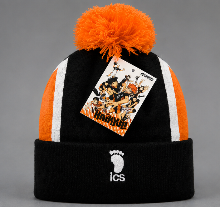 Haikyuu!! Karasuno High Pom-Pom Beanie – Black, Orange & White