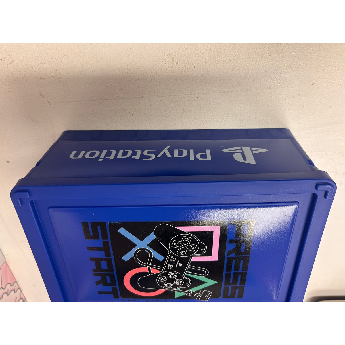 PlayStation Blue Folding Storage Crate with Lid – Press Start Design