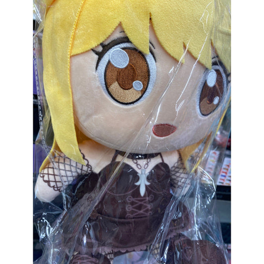 Close-up of Misa Amane plush doll showing detailed embroidered eyes and gothic choker