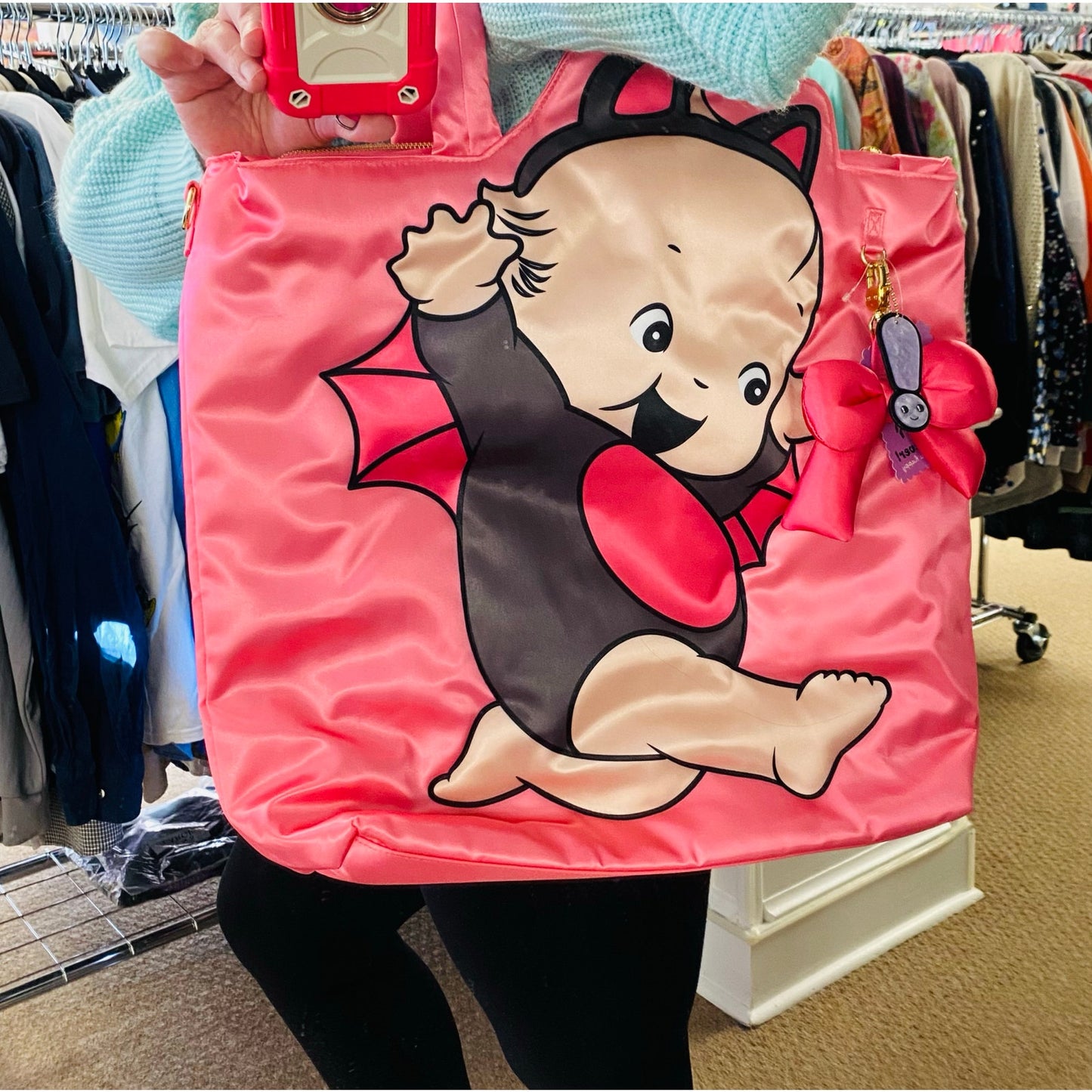 GIANT Silky Kewpie Black Bat Puffy Shoulder Bag w/ Charm