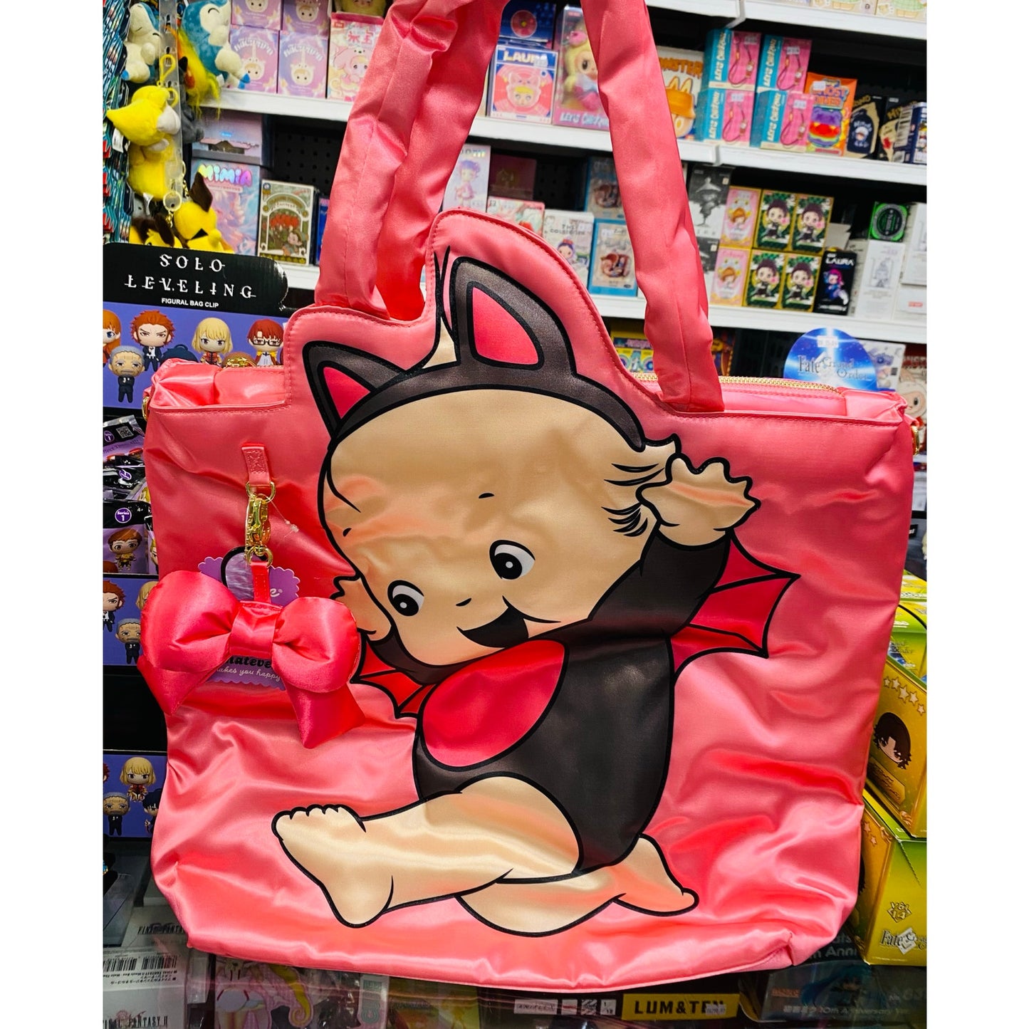 GIANT Silky Kewpie Black Bat Puffy Shoulder Bag w/ Charm