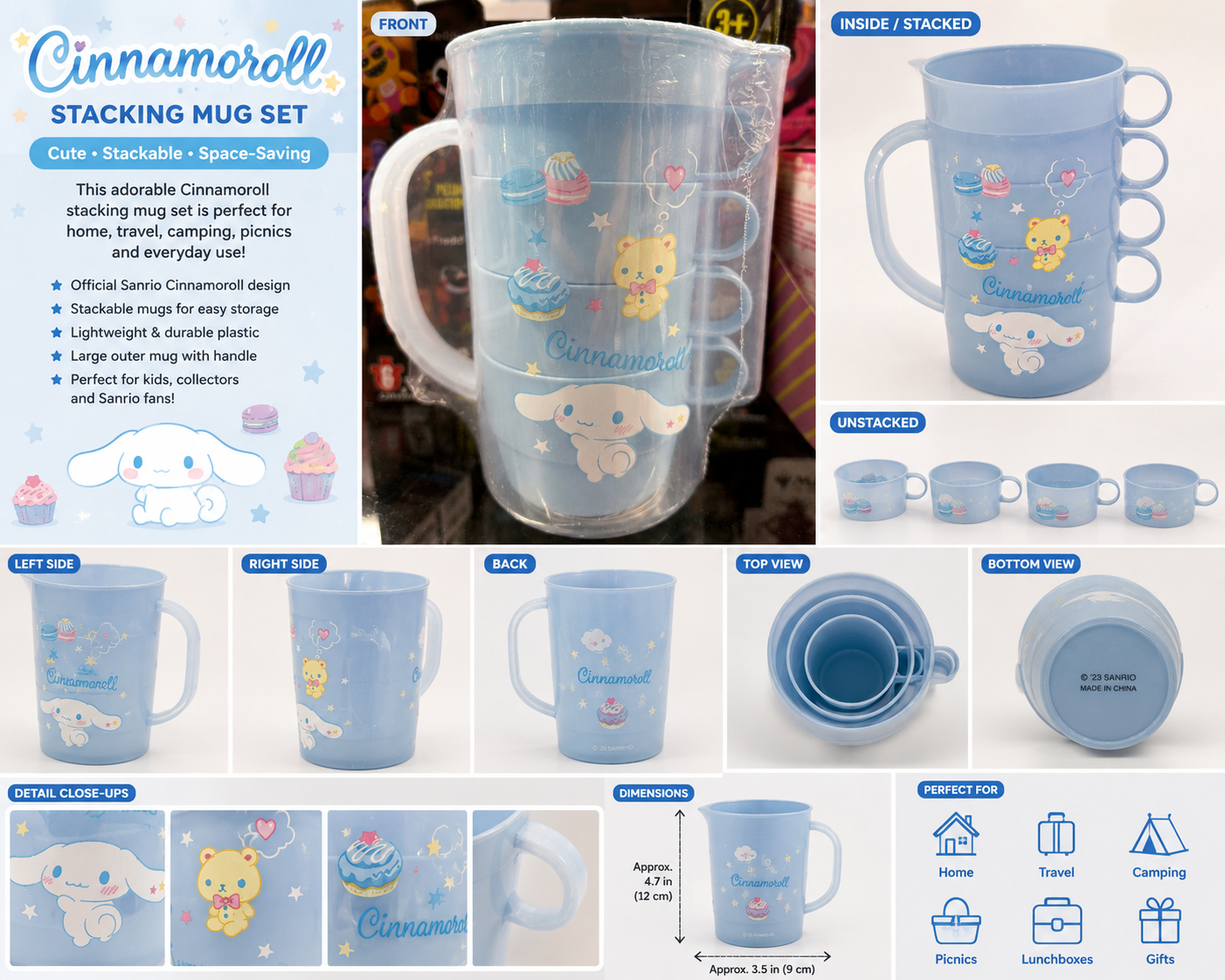 Cinnamoroll Stacking Mug Set – Blue Plastic Cups with Handle | Sanrio Drinkware