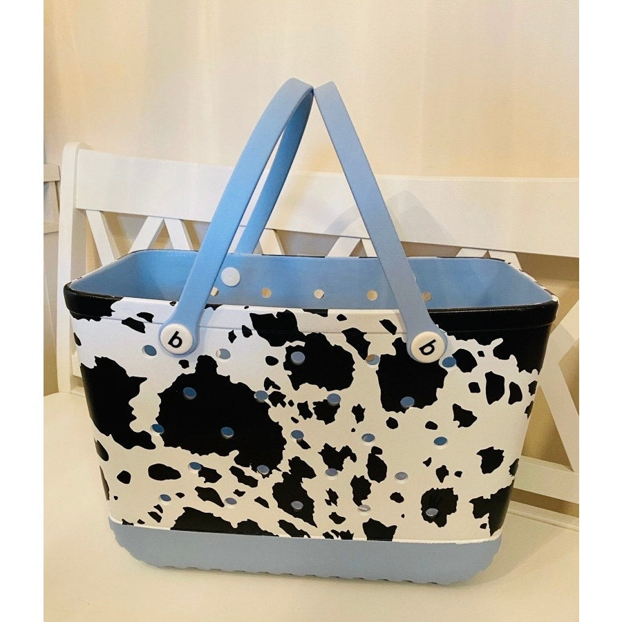 Extra Large Light Blue Cow Print Beach Bag Jibbitz Charm Tote