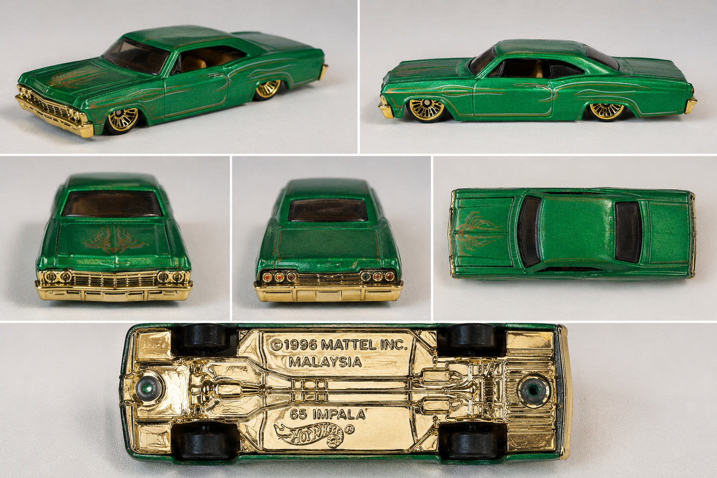 Vintage Hot Wheels 1965 Chevy Impala Metallic Green Gold Lowrider Diecast Car 1996