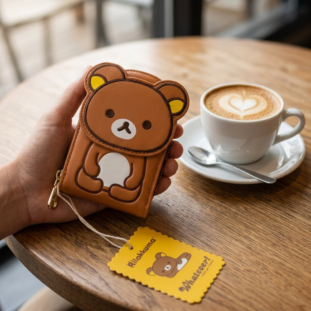 San-X Rilakkuma Accordion Card Holder Wallet lifestyle scale photo held next to coffee cup
