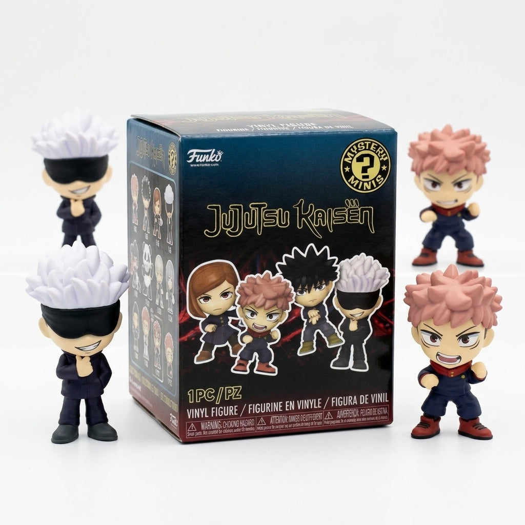 Jujutsu Kaisen Mystery Minis Vinyl Figures unboxed next to their blind box packaging on a clean studio display