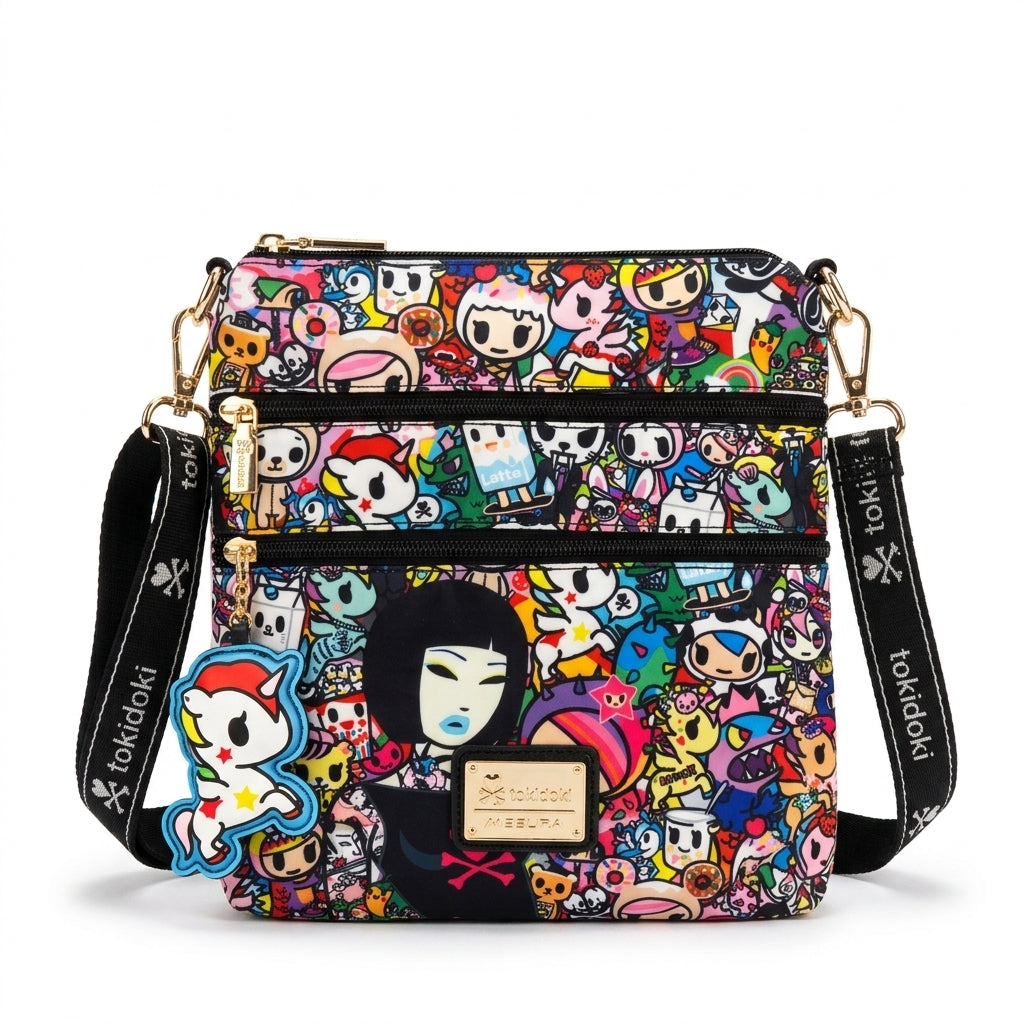 Studio shot of tokidoki Multi-Zipper Cartoon Print Crossbody Bag on a white background