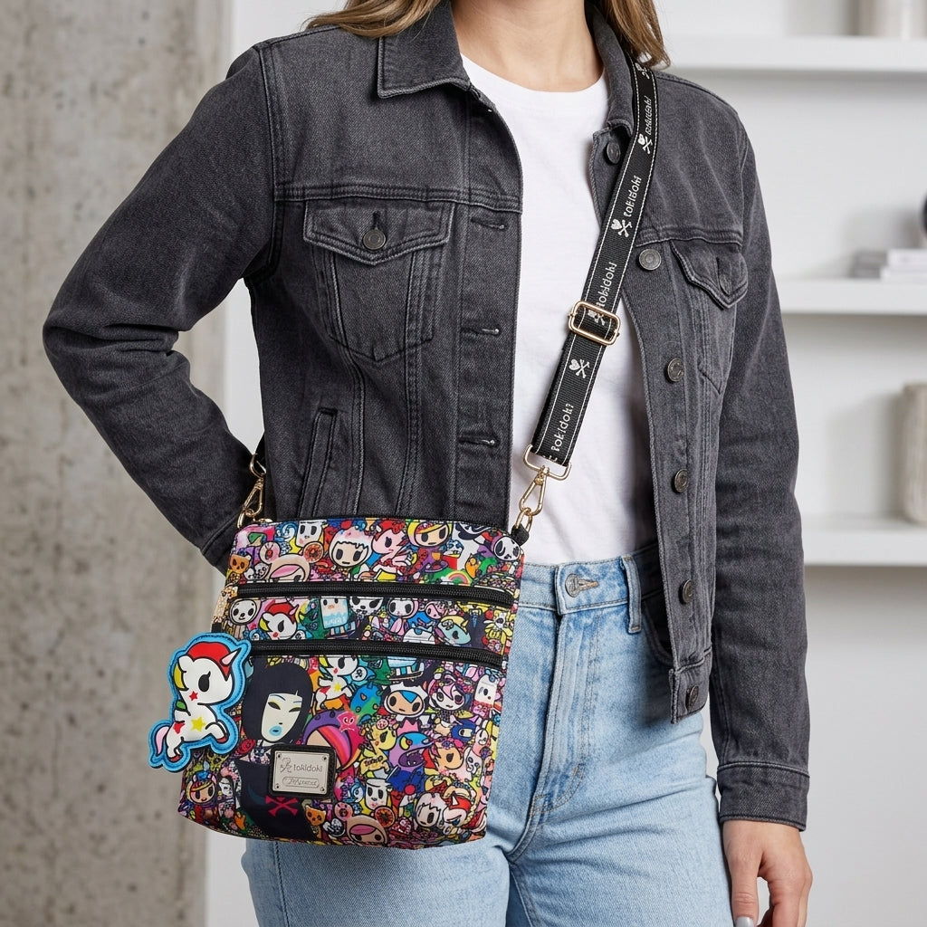 On-model shot of a person wearing the tokidoki crossbody bag over their shoulder