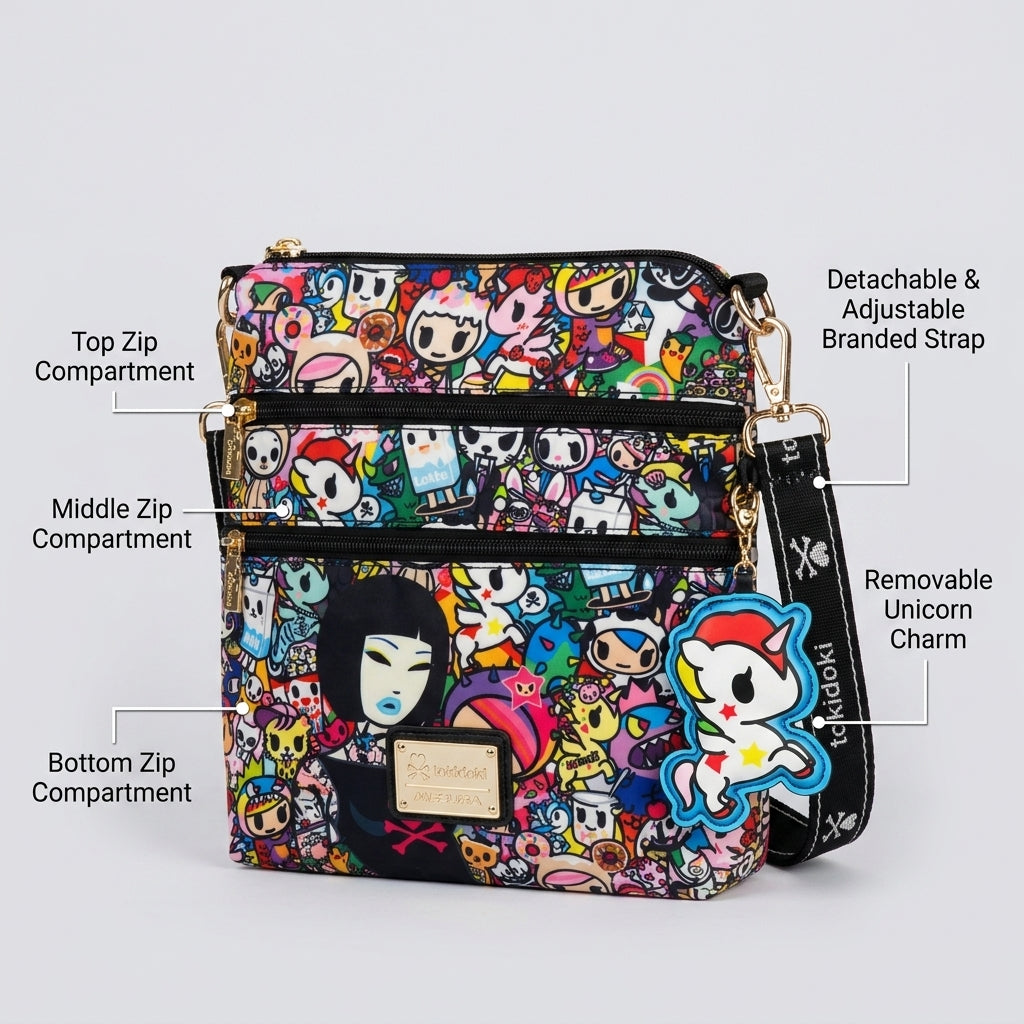 Feature callout graphic showing the tokidoki bag details and strap