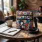Lifestyle shot of tokidoki crossbody bag on a wooden cafe table