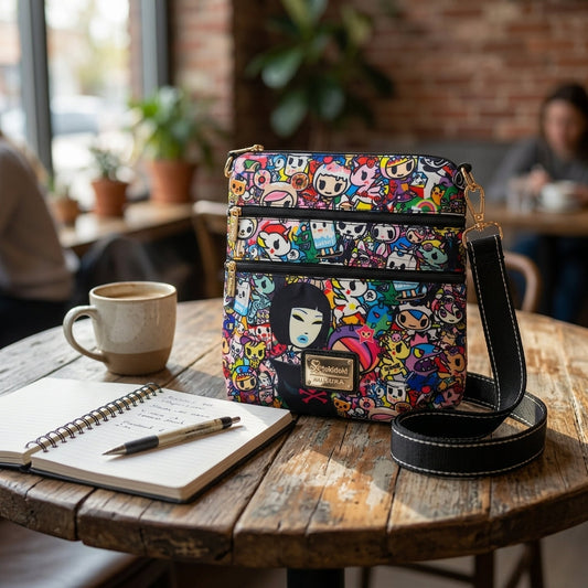 Lifestyle shot of tokidoki crossbody bag on a wooden cafe table