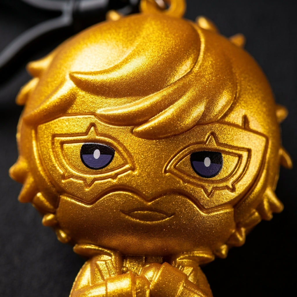 Macro close-up highlighting the metallic gold finish and detailed eyes of the Joker chibi figure