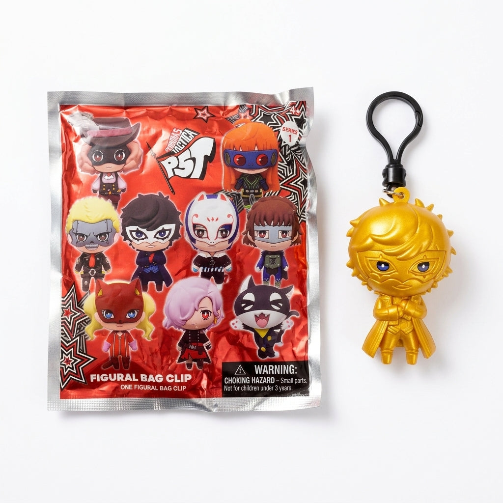 Rare gold Joker figural clip sitting next to its original red foil P5T blind bag packaging