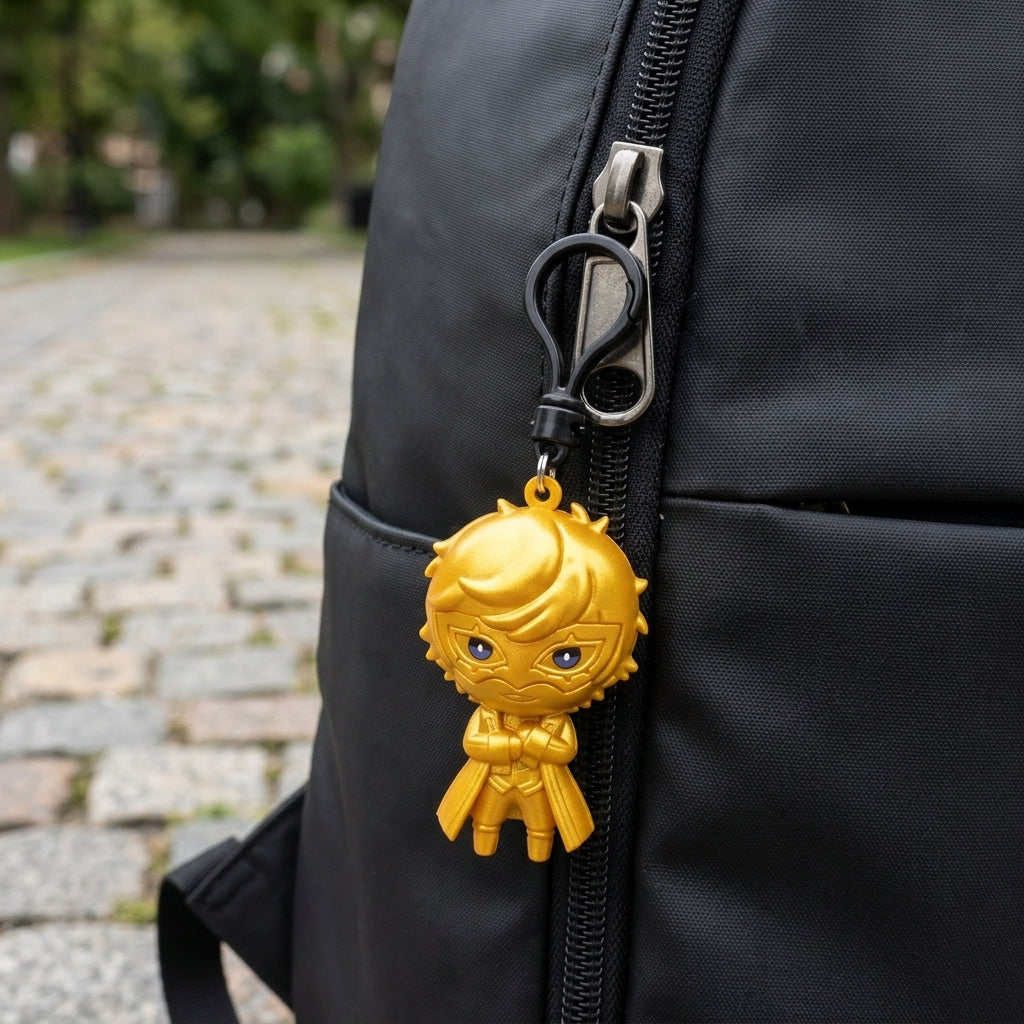 Gold Joker bag clip attached securely to a black backpack zipper track