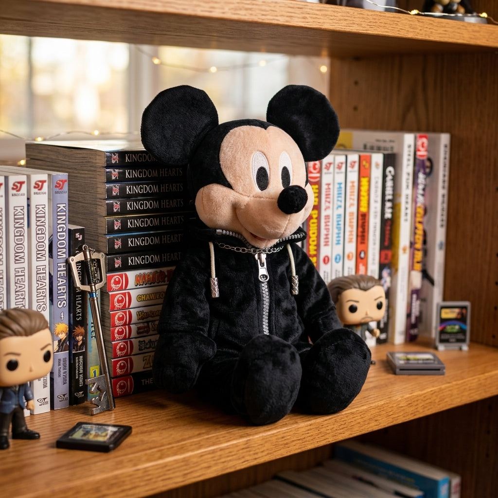 Square Enix Kingdom Hearts King Mickey Plush displayed on a gaming bookshelf