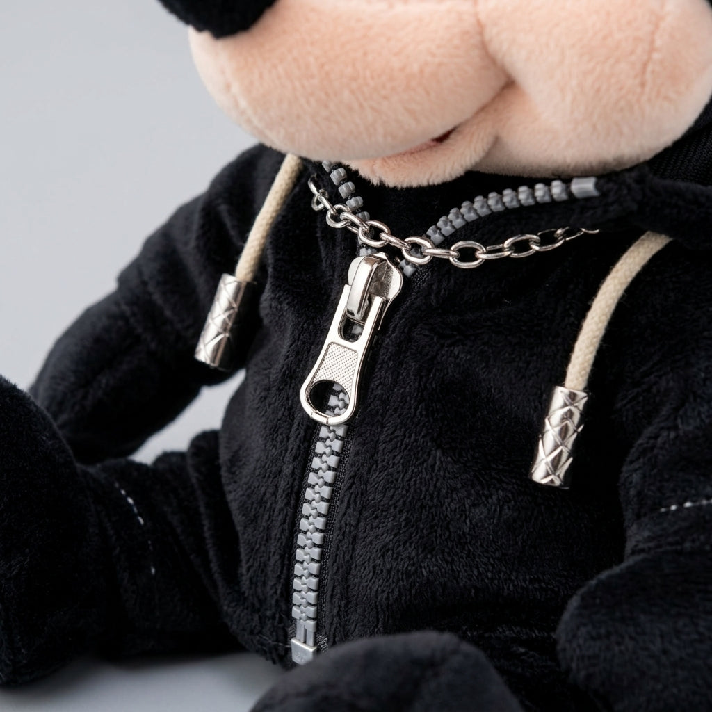 Detail close-up of the zipper and hood texture on the Kingdom Hearts King Mickey Plush
