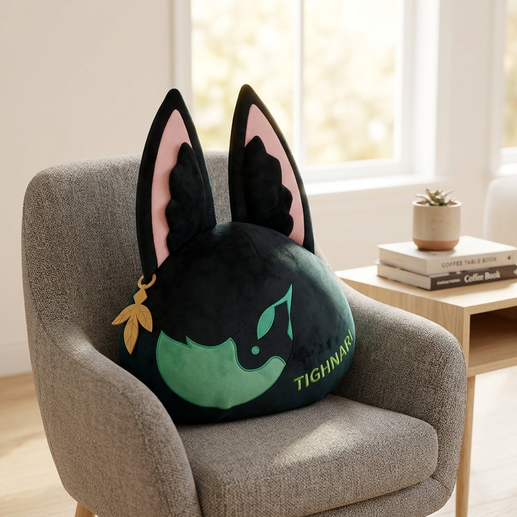 Teyvat Zoo Tighnari plush cushion on a modern grey armchair in a cozy living room