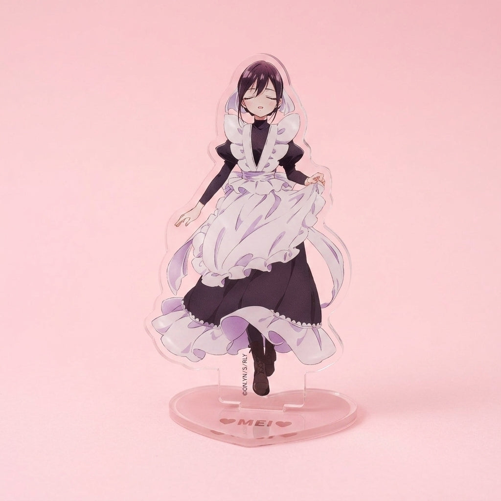 Assembled Mei Meido acrylic standee on a pink background, official 100 Girlfriends collectible
